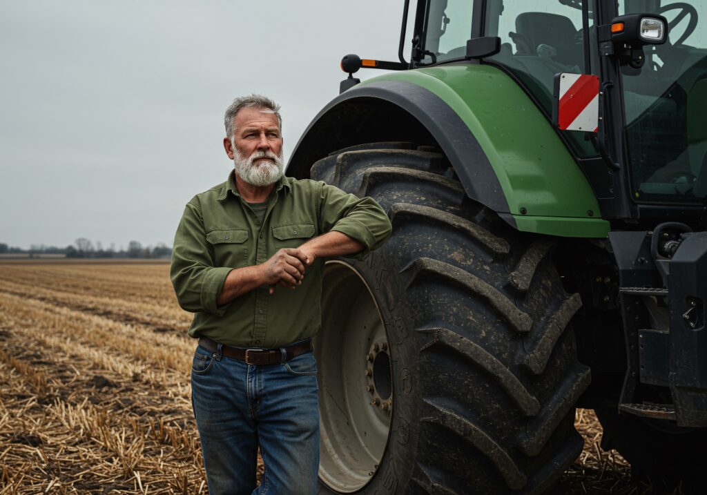 An experienced farmer stands contemplatively beside his large green tractor in a harvested field under a cloudy daytime sky